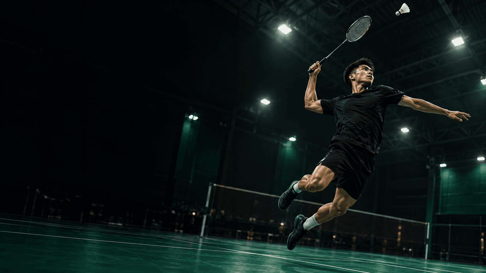 Badminton player making an overhead smash on an indoor court